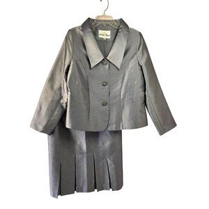 Anna Rossi Y2K Formal Silver Skirt Suit Size 14 Silk-Wool Blnd MOB Church